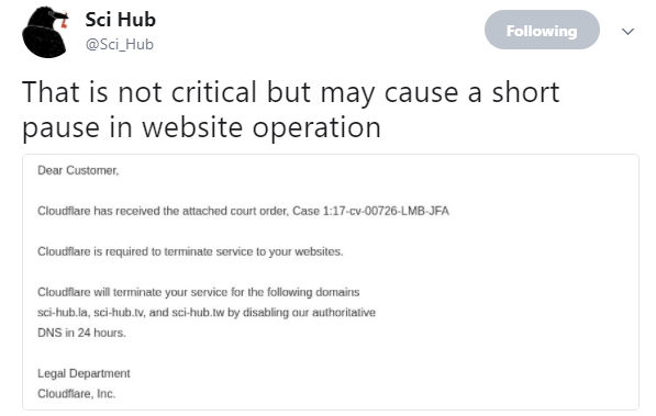 Cloudflare停止为Sci-Hub提供域名服务